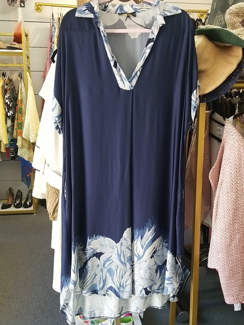 Navy Blue Floral-Trim V-Neck Tunic Dress